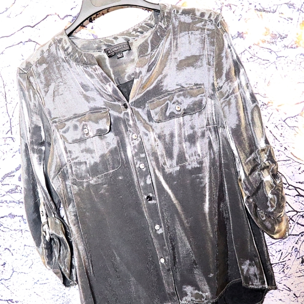 METALLIC BUTTONDOWN L Elementz *FLAWED* Y2K Office Casual Party Dressy School